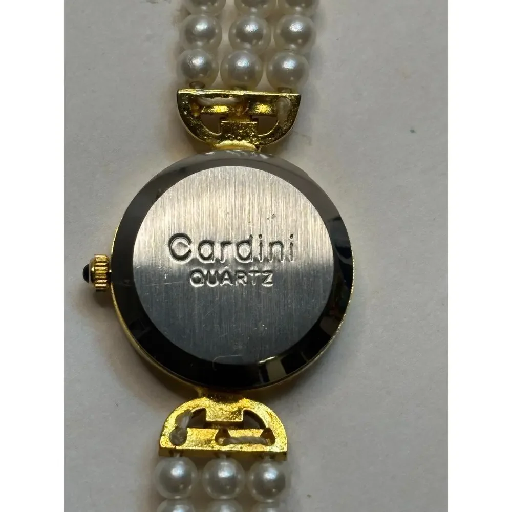 Vntg Luxury Cardini Gold Tone Womens Wrist Watch UNTESTED Simulated Pearl Band